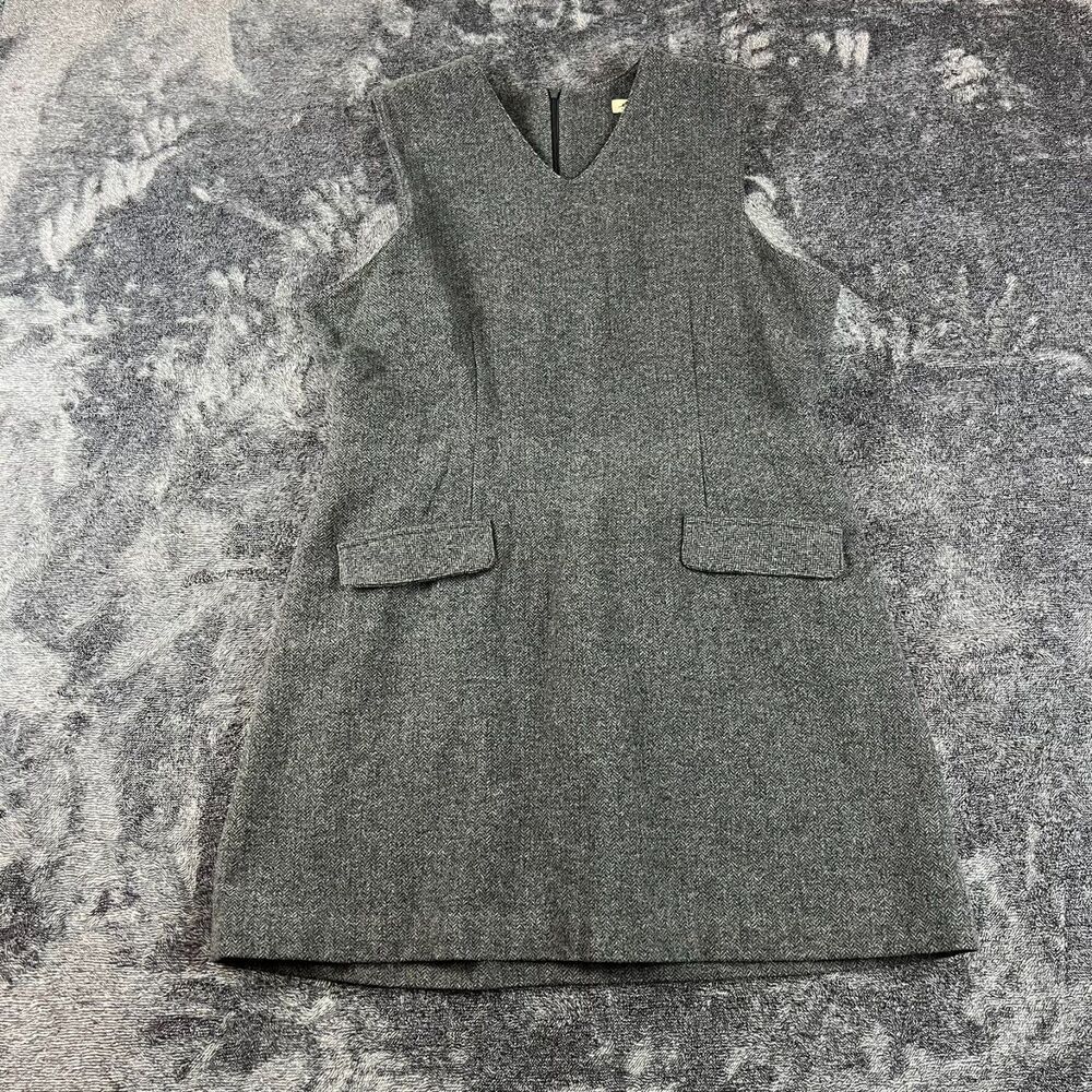 Vtg Eddie Bauer Wool Blend Herringbone Gray Shift Dress Women's 14P V-Neck